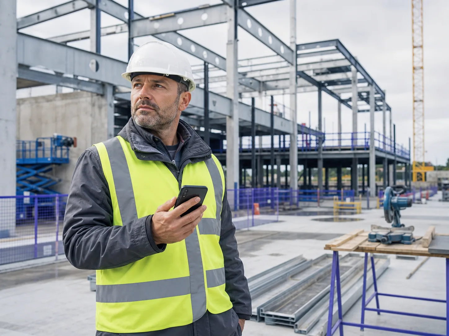 Construction supervisor recording site details on a phone