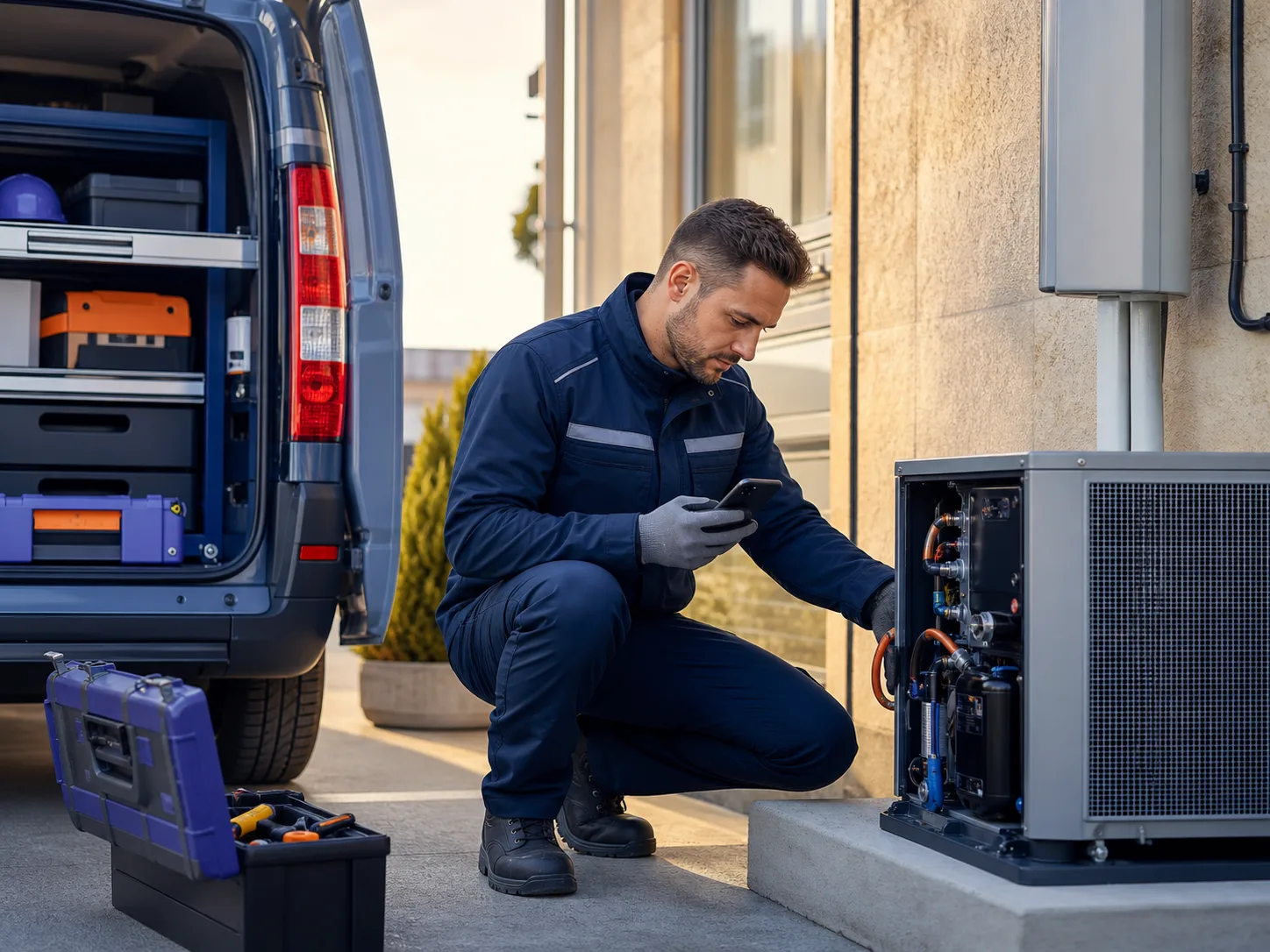 Field technician inspecting equipment beside a service vehicle