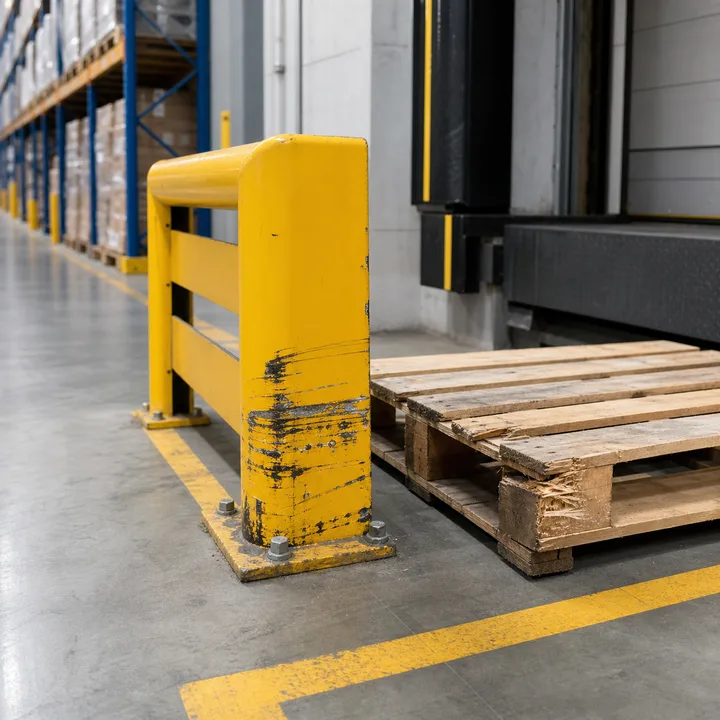 Scuffed warehouse safety barrier beside a pallet
